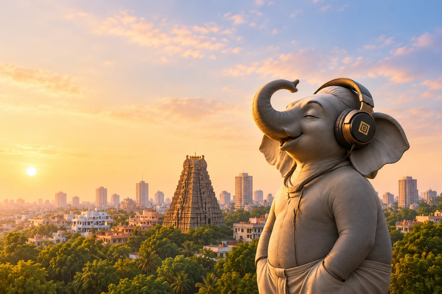 Gaja wearing headphones above a Chennai-inspired skyline